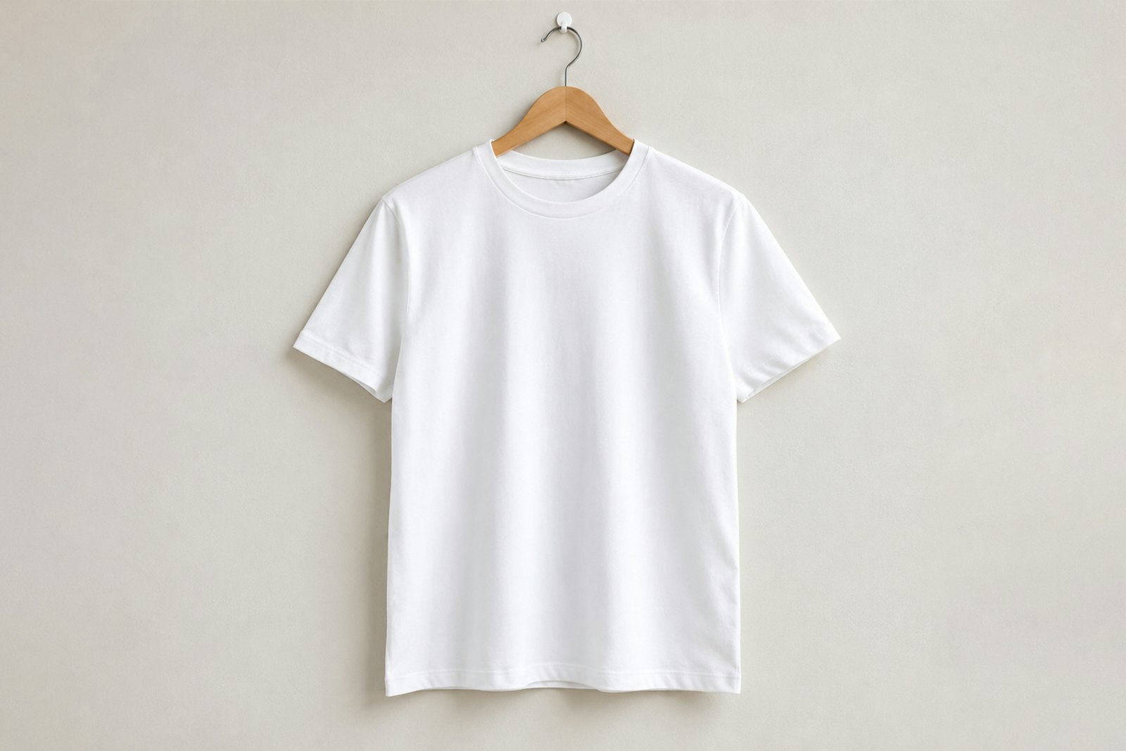 A plain white t-shirt hangs on a wooden hanger